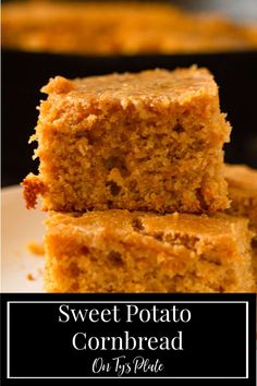 sweet potato cornbread cut into squares on a white plate with the words sweet potato cornbread over it