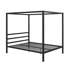 a black metal bed frame with no sheets on it, against a white background or backdrop