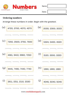 the worksheet for ordering numbers