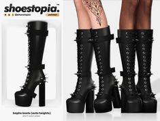 a pair of black high heeled boots with spikes on the side and straps around the ankles