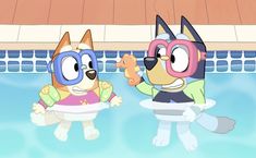 two cartoon dogs wearing goggles standing next to each other in front of a swimming pool