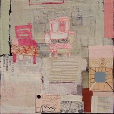 an abstract painting with many different types of furniture and colors, including pinks, oranges