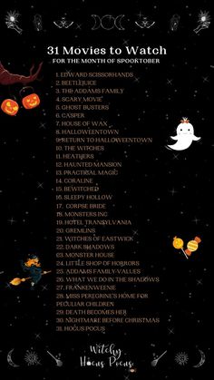 a poster with the words 31 movies to watch for halloween and pumpkins on it