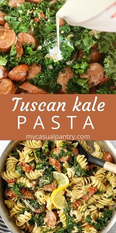 this pasta dish is loaded with sausage, kale and spinach it's ready to be eaten