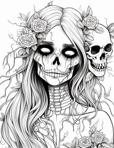 Gothic Woman Tattoo Design, Detailed Coloring Pages For Grown Ups, Greyscale Coloring Pages, Sugar Skull Coloring Pages, Day Of The Dead Tattoos, Coloring Pages For Adults Unique, Book Pages Printable, Digital Gift Ideas, Pirate Coloring Pages