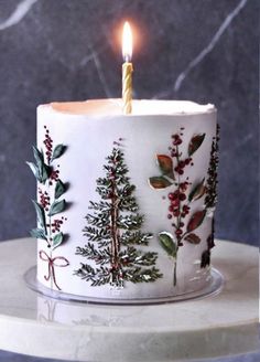 a decorated christmas cake with a lit candle