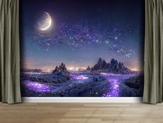 the night sky with stars and planets is shown in this wallpapered bedroom scene