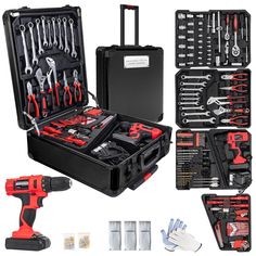 a tool kit with tools in it and other items to be used for construction work