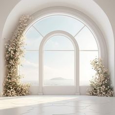 an arched window with white flowers on the wall and water in the background, is shown