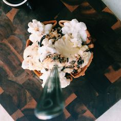 an overhead view of food on a cutting board