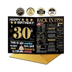 a black and gold 30th birthday card with the words happy birthday, back in 1994