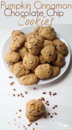 pumpkin cinnamon chocolate chip cookies on a white plate with text overlay that reads pumpkin cinnamon chocolate chip cookies