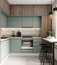 a kitchen with two stools in front of the stove