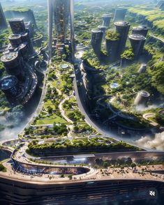 an aerial view of a futuristic city surrounded by greenery