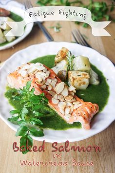 This baked salmon in watercress sauce is packed full of superfoods that help fight fatigue and improve mental health. Try this mood booster as temperatures dip! Salmon Slice, Pistachio Salmon, Watercress Sauce, Seasonal Meals, Delicious Seafood Recipes, Delicious Clean Eating, Total Beauty, Seafood Salad