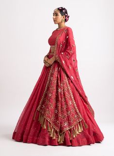 Editor's Note Intricately Hand Embroidered High Neck Blouse Clubbed With A Silk Organza Lehenga And A Hand Cut Mirror Border Dupatta. Fabric: Lehenga - Organza Dupatta - Organza Blouse - George... Plain Lehenga, Vani Vats, Heavy Lehenga, Mirror Border, Heavy Dupatta, Lehenga Dupatta, Couple Wedding Dress, Organza Lehenga, Organza Blouse