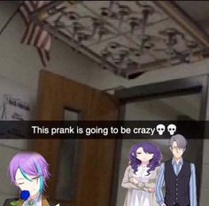 two anime characters are standing in front of a mirror with the caption'this prank is going to be crazy '