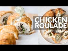 chicken roulade rolls on a white plate with the words chicken roulade