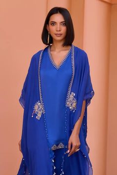 Buy Blue Kurta And Pant Linen Satin Embroidered Tilla Hoor Cape With Set For Women by Isha Gupta Tayal Online at Aza Fashions. Isha Gupta, Embroidered Cape, Blue Kurta, Pakistani Dress Design, Satin Color, Kurta With Pants, Pants Pattern, Pakistani Dresses, Linen Pants