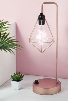 a pink table with a lamp on it next to a potted plant and houseplant