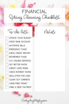 the financial spring cleaning checklist with flowers around it