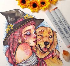 a drawing of a girl and her dog with sunflowers on the table next to them