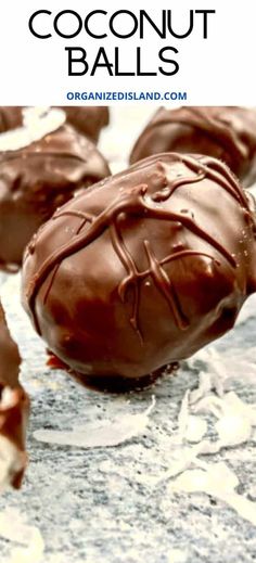 chocolate covered coconut balls on a table with text overlay