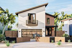 two story house with palm trees in the background