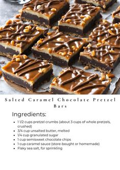 chocolate caramel pretzel bars recipe with ingredients on the side, including salted caramel and chocolate drizzle