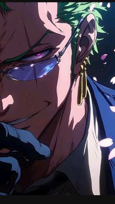 an anime character with green hair and blue eyes looking at something in his hand while wearing glasses