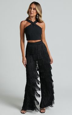 Caralyne Two Piece Set - Diamond Neck Crop Top and Tiered Fringe Pants in Black | Showpo USA Fringe Pants Outfit, Fringe Top Outfit, Black Polyester Fabric, Flapper Outfit, Crop Top Pants Set, Fringe Pants, Fringe Crop Top, Fringe Top, Western Chic