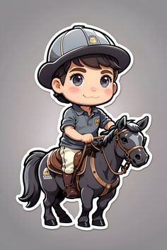 a little boy riding on the back of a black horse wearing a hat and uniform