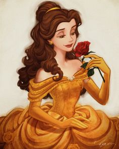 a painting of a woman in a yellow dress holding a rose