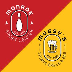 two different colored logos with the words,'monroe sport center and sports grills '