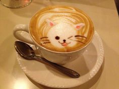 a cappuccino with a cat face on it