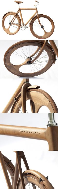 three different views of the same bike with wheels and spokes, all made out of wood