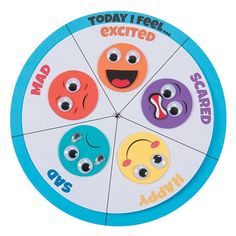 a wheel that has different faces and words on the front, including one with eyes