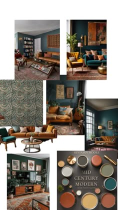 a collage of different rooms with couches, chairs and paintings on the walls