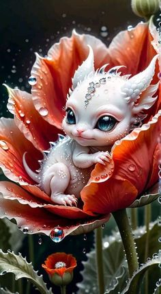 a white kitten sitting on top of a red flower with drops of water around it