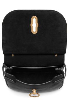 Classic equestrian styling informs both the saddle silhouette and ring hardware of a leather bag designed to be worn crossbody or over the shoulder. The Rider's Lock clasp—reminiscent of the metal detailing on horse bits and bridles—is a modern interpretation of Mulberry's iconic Postman design. Turnlock flap closure Adjustable crossbody strap Interior wall pocket Leather Imported Top Handle Saddle Bag With Branded Hardware For Travel, Luxury Saddle Shoulder Bag With Palladium Hardware, Luxury Business Saddle Bag With Detachable Handle, Designer Saddle Bag With Gold-tone Hardware And Top Handle, Evening Satchel Shoulder Bag With Horsebit Detail, Designer Satchel Saddle Bag With Palladium Hardware, Evening Crossbody Shoulder Bag With Horsebit Detail, Designer Saddle Satchel Bag With Palladium Hardware, Evening Saddle Satchel Bag With Branded Hardware