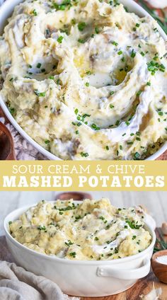 mashed potatoes with sour cream and chives in a white casserole dish