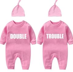 Bodysuits Set For Twin Babies In Pink. One Saying "Double" And One Saying "Trouble". 100%Cotton And Soft On The Skin.Breathable And Stretchy Fabric Twin Clothing For Babies. Snaps At The Bottom For Easy Access To Change Diapers Or Nappy. Twin Clothing, Bodysuit With Skirt, Baby Pyjamas, Band Funny, Kimono Onesie, Boys Smock, Baby Twins, Unisex Onesies, Twin Outfits