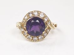 Vintage 14k Gold Natural Amethyst Ring with Diamonds - Purple February Birthstone Ring - Size 5 Diamonds Purple, February Birthstone Ring, Gold Amethyst Ring, Amethyst Gem, Circle Earrings Studs, Purple Band, Circle Studs, February Birthstone, February Birth Stone