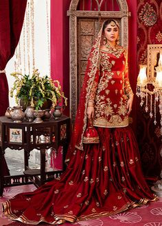 Designer Wedding Red Sharara Dress for Bride Red Gharara, Bridal Gharara, Red Sharara, Sharara Dress, Red Bridal Dress, Desi Wedding Dresses, Red Wedding Dress, Nikkah Dress, Latest Bridal Dresses