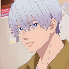 an anime character with blue eyes and white hair looking at the camera while wearing a brown shirt