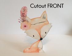 a watercolor painting of a fox with a feather on it's head and the words cutout front above it