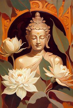 a painting of a buddha statue surrounded by flowers