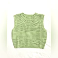 Nwot. Size Xl On Tag (Tight Fit On L/Xl) Regular Fit On Size S/M. Beautiful Light Green Color. Soft And Lightweight. Cropped. Measurements Upon Request. I Don’t Accept Returns. All My Items Are Final. Green Pointelle Knit Tops For Layering, Green Knitted Tops For Layering, Green Knitted Cotton Tops, Green Cotton Knitted Tops, Trendy Green Knit Tank Top, Stretch Green Sweater Vest For Summer, Spring Open Knit Crew Neck Sweater Vest, Trendy Open Knit Sweater Vest For Spring, Spring Crew Neck Open Knit Sweater Vest