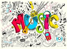 the word music written in colorful letters on a white background with doodles and symbols