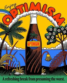 an advertisement for optimish beer with palm trees in the background